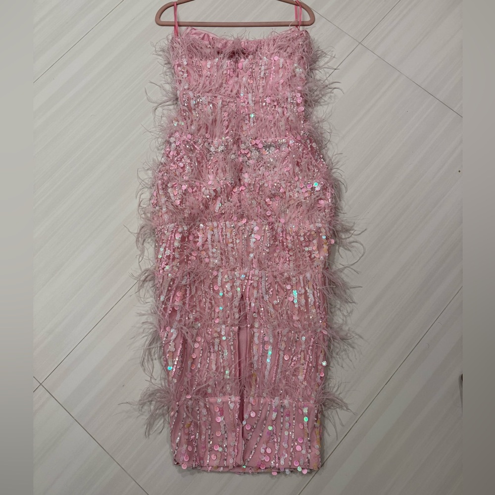 Strapless Pink Midi Dress with Feather & Sequin Detailing and custom cape - Picture 4 of 15
